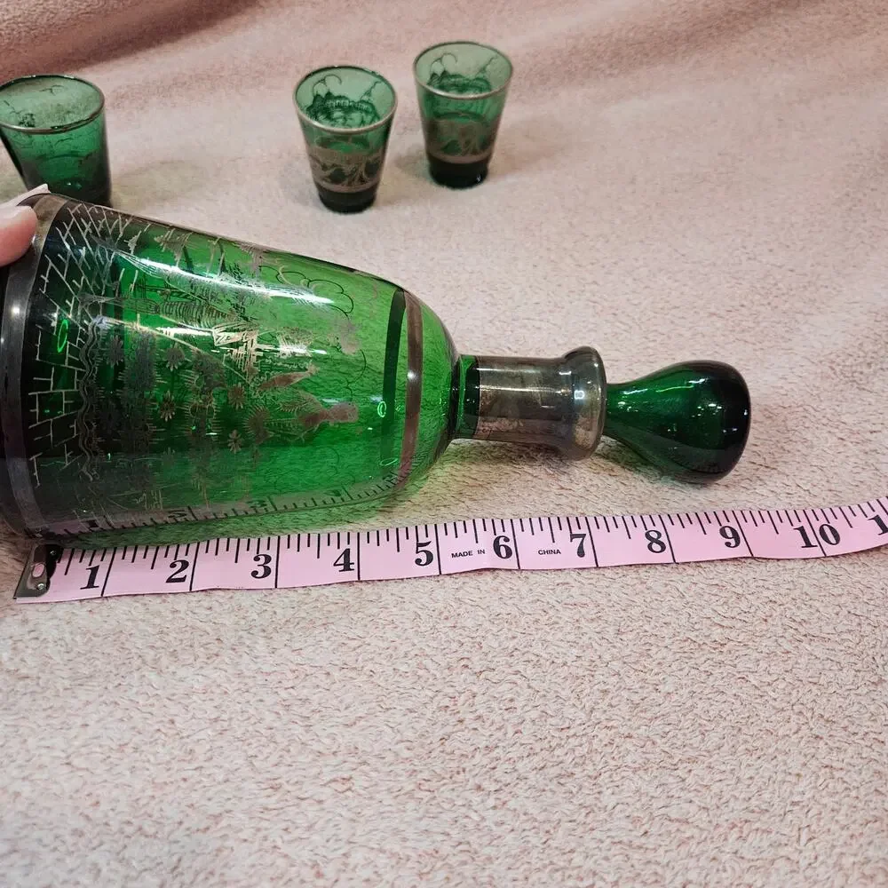 Vintage Venetian Emerald Green Glass Decanter Set w/ Silver Overlay & 4 Glasses